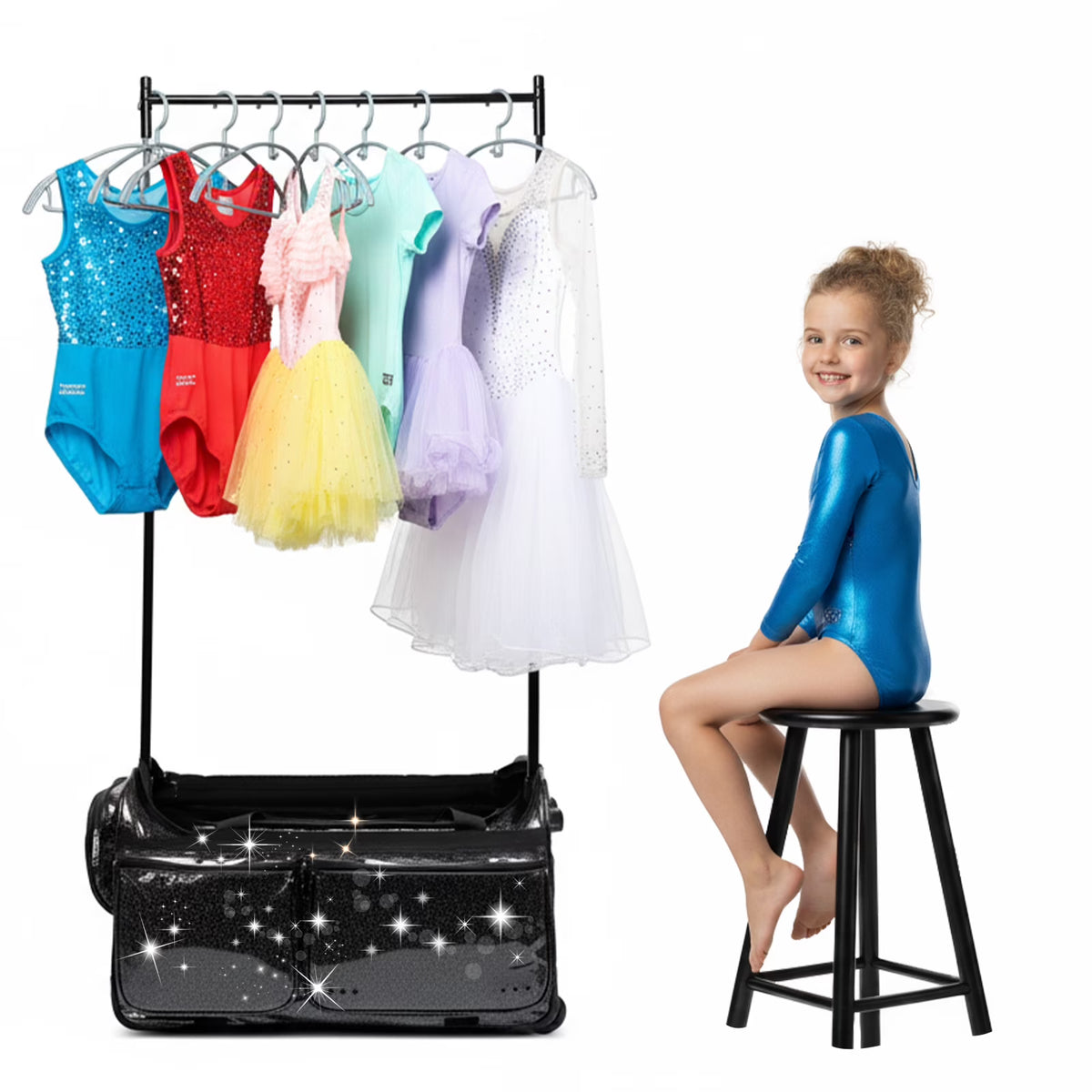 Dance Bag with Garment Rack,23"Glitter Rolling Dance Competition Bag with Organizer Bag, Collapsible Dance Travel Bag Suitcase for Dancers Performer Artist,Pink