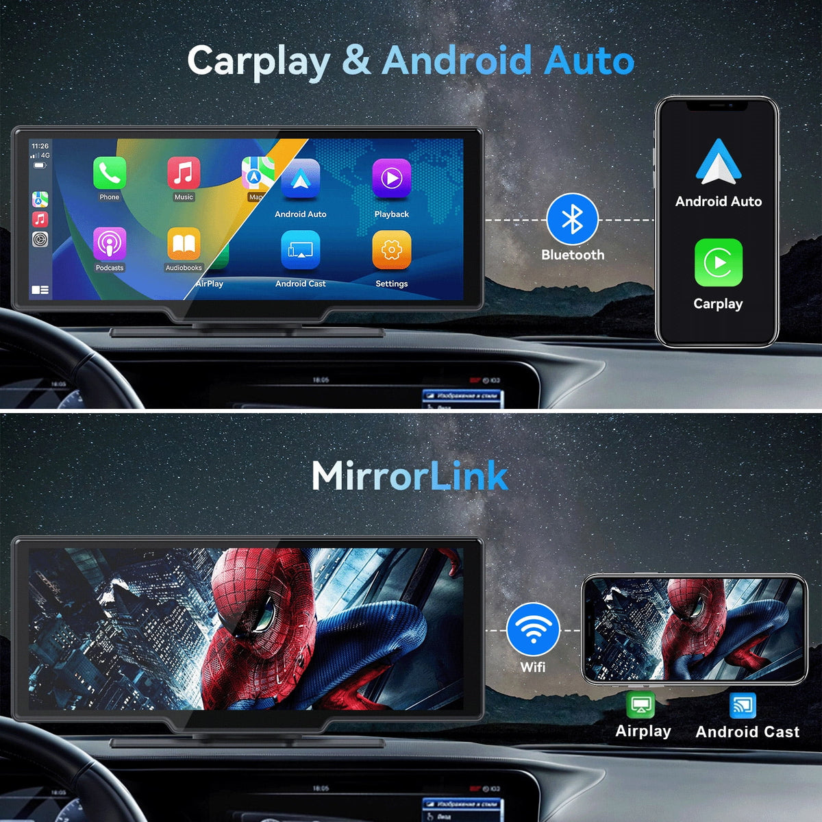 10.26 Wireless Apple Carplay Screen with Android Auto, 4K Dash Cam, Backup Camera, Bluetooth, GPS, Voice Control