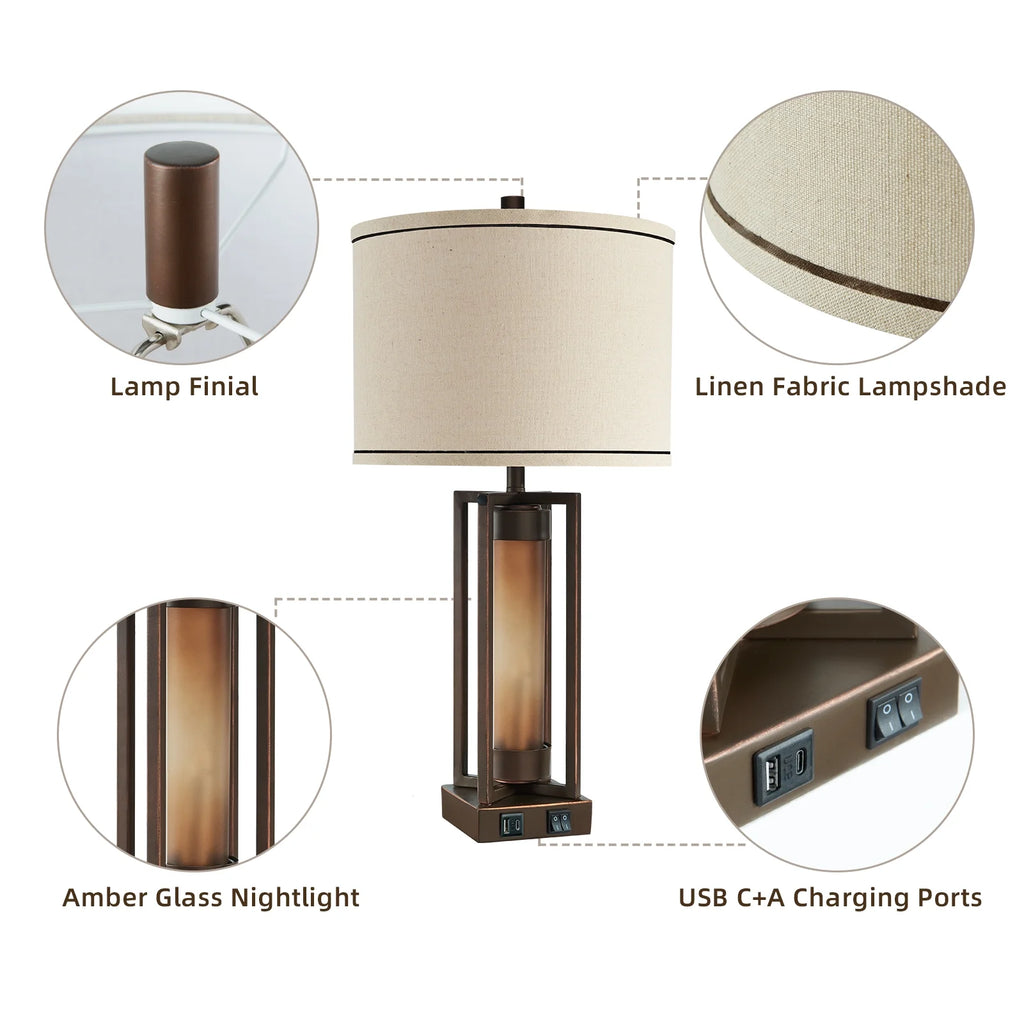 RORIA 24 Modern Living Room Table Lamp 2-Piece Set with 2 USB Charging Ports, Built-in White Frosted Glass with Night Light, Black Vintage Rustic Farmhouse Lamp for Bedroom Nightstand Lamps