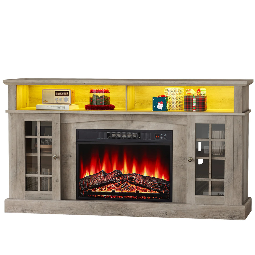 SESSLIFE Fireplace TV Stand for 65 Inch TV, TV Console with 23''Electric Fireplace, Console Entertainment Center Television Table for Living Room or Bedroom, Brown