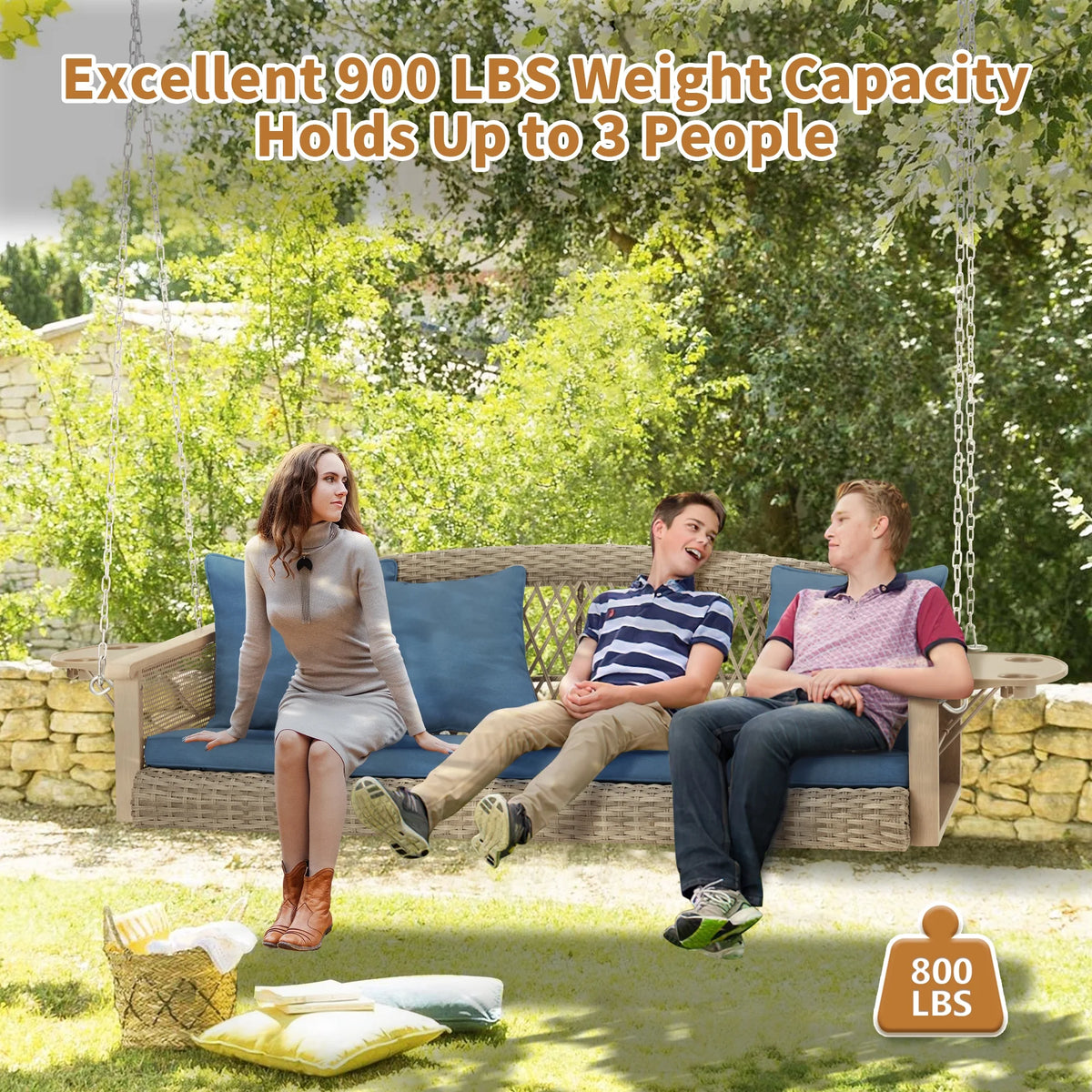 Homrest 3-Person Porch Swing 55in Wicker Hanging Swing Bench with Cushions and Cupholders for Deck, Garden and Backyard, Beige
