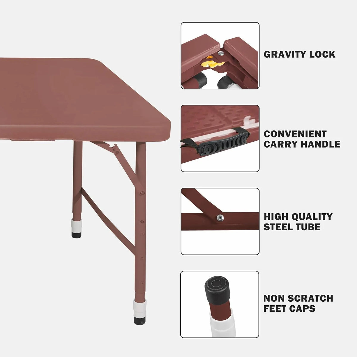 Folding Table with Carry Handle, Portable Fold-in-Half Plastic Table, Rectangle Foldable Table for Indoor