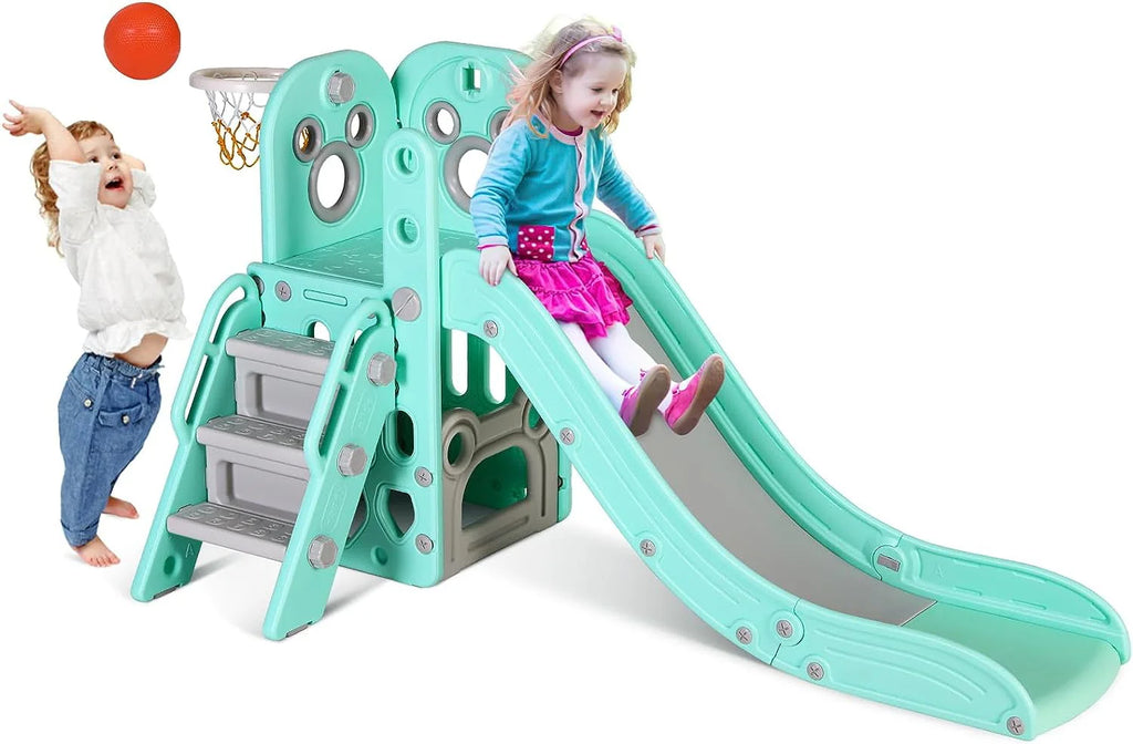 LAZY BUDDY Sturdy Kids Slide, 4 in 1 Toddler Slide and Climber Playset with Basketball Hoop & Storage Space, Non-Slip Steps, Indoor Outdoor Toys for Boys Girls