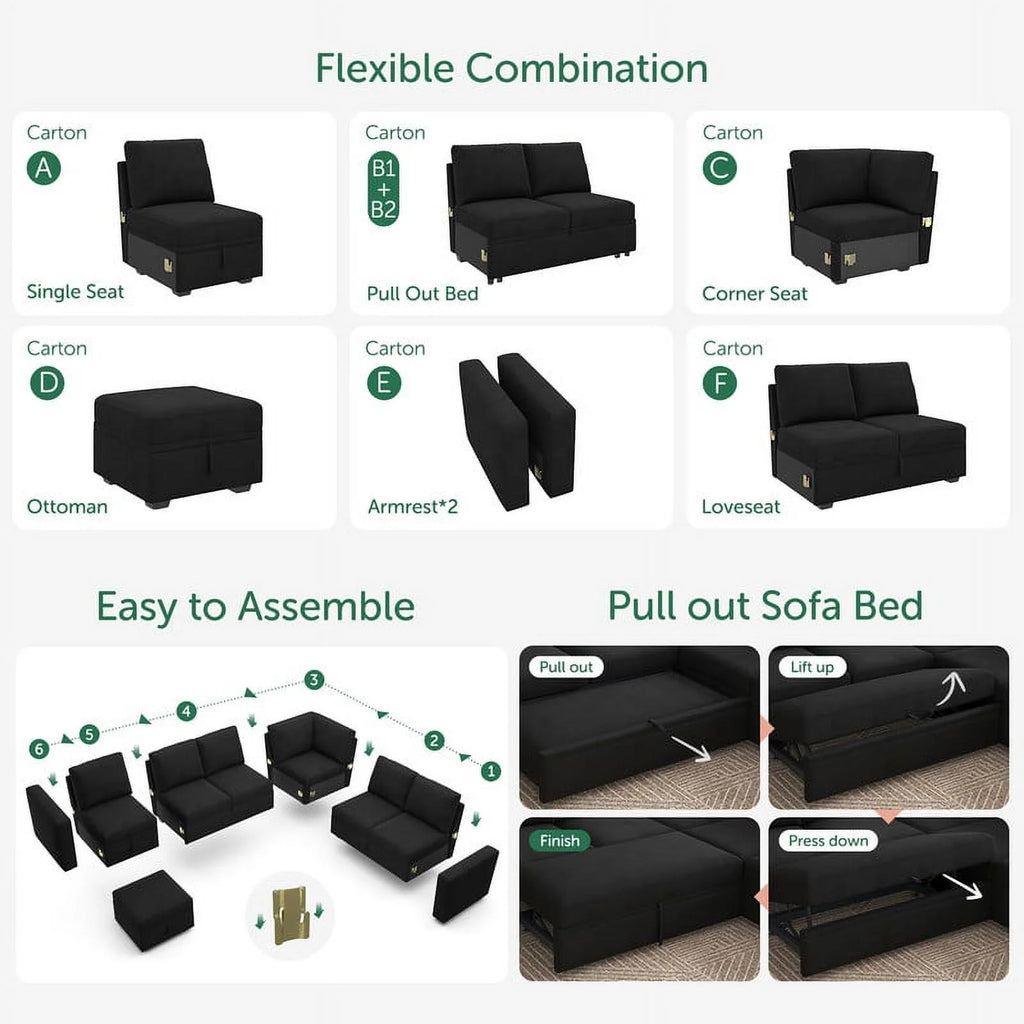 Honbay Convertible Velvet Sofa Bed with Pull-Out Couch Bed and Storage, Black