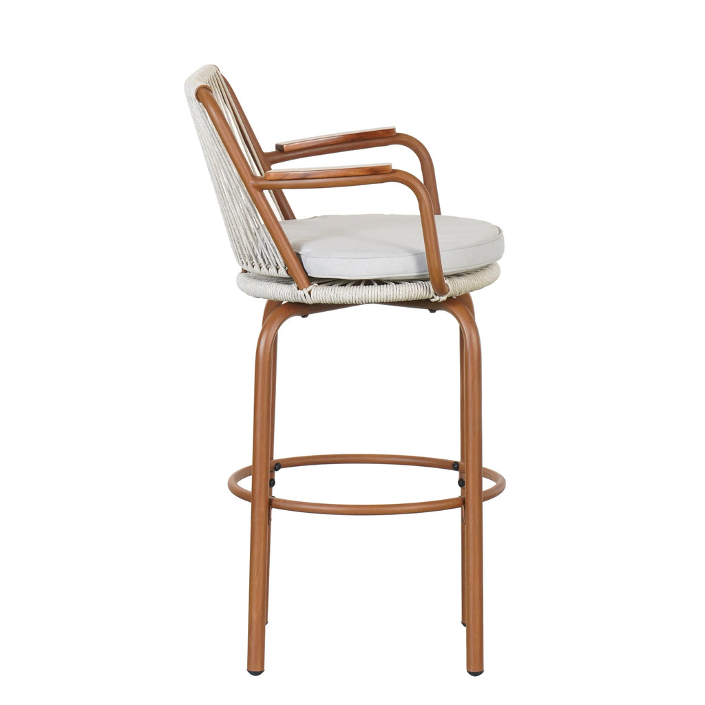 Lyric Modern 29" Outdoor Patio Bar Stools, Bar Chairs with Wood Grain Finish Frame with Hand-Woven PE Rattan Rope, Removable Cushions, Teak+Beige, Set of 2