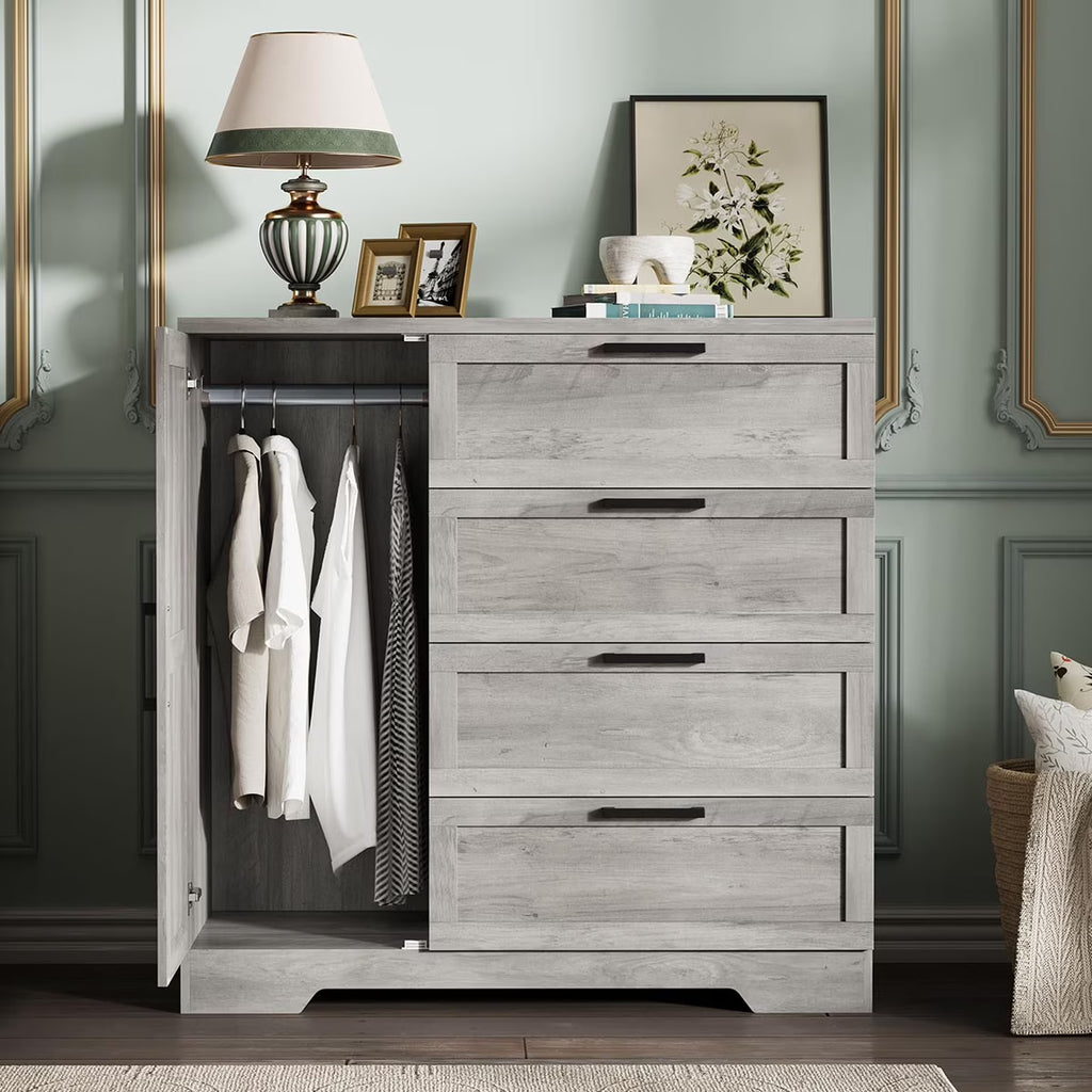 Ataucjin Wood Armoire Wardrobe Closet with 4 Drawers and Door, 43.3" H Bedroom Wardrobe Cabinet with Hanging Rod, Clothing Storage Cabinets, 4 Drawers Dresser with Storage Closet