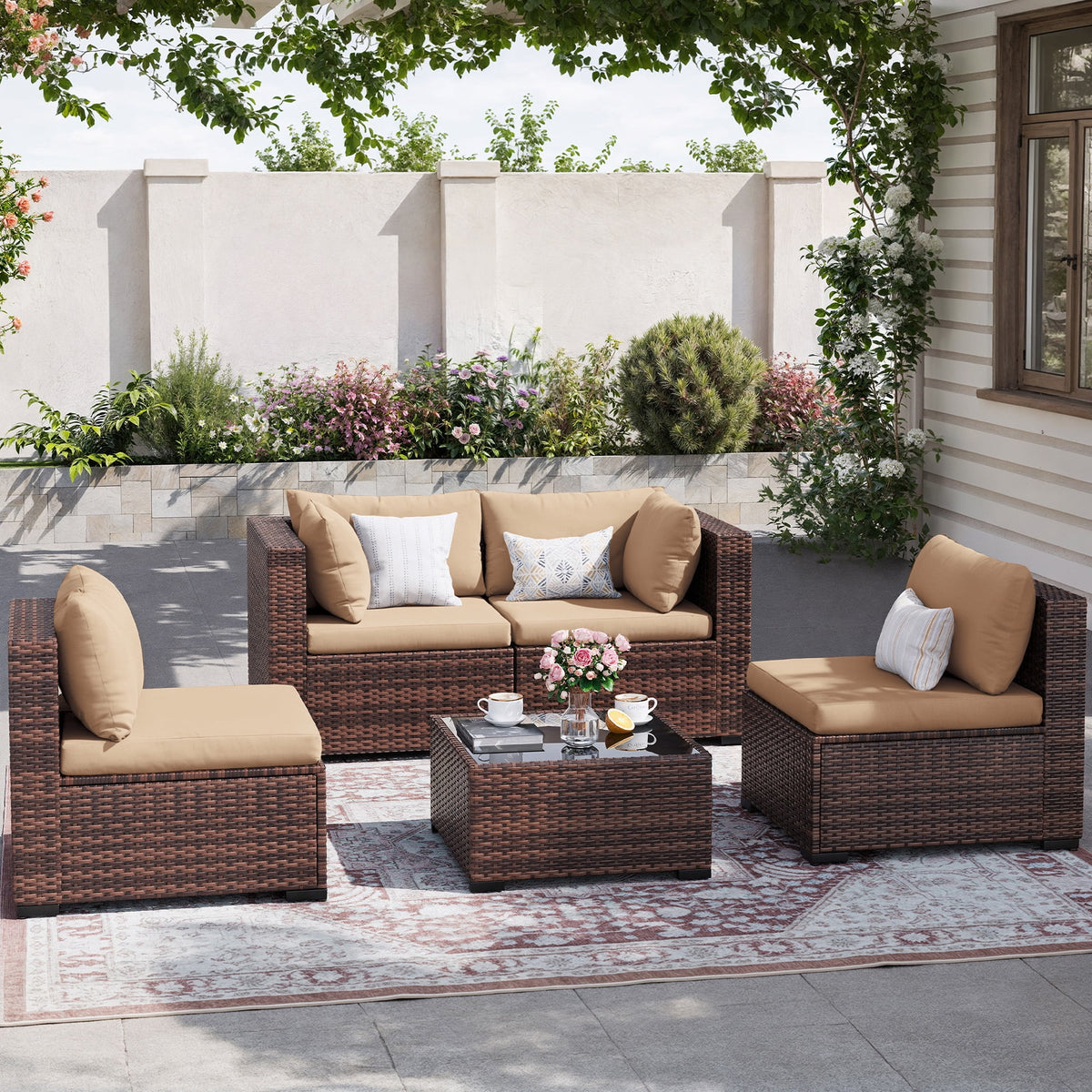 MRUAKA 8 Pieces Patio Furniture Set with Fire Pit Table, Outdoor Furniture Sectional Rattan Sofa with Slanted Back, Patio Couch with Glass Coffee Table for Backyard Garden (Dark Grey)