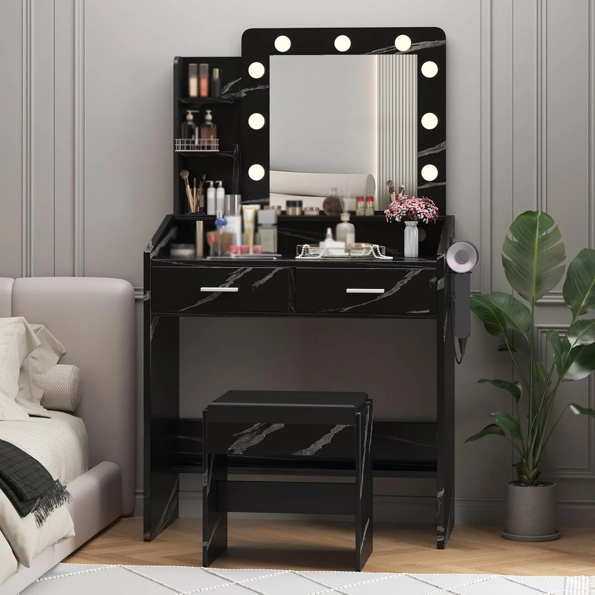 OYang Makeup Vanity with Lights, Vanity Desk with Mirror and Lights Set, Large Drawer and Two-Tier Lots Storage Cabinet, 3 Lighting Modes Adjustable Brightness