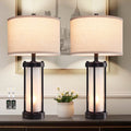RORIA 24 Modern Living Room Table Lamp 2-Piece Set with 2 USB Charging Ports, Built-in White Frosted Glass with Night Light, Black Vintage Rustic Farmhouse Lamp for Bedroom Nightstand Lamps