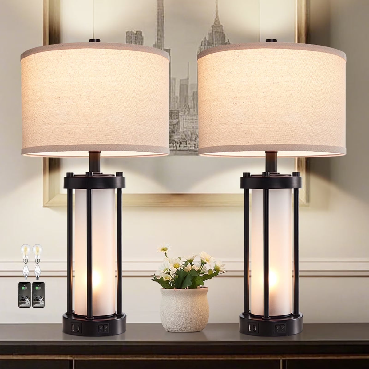 RORIA 24 Modern Living Room Table Lamp 2-Piece Set with 2 USB Charging Ports, Built-in White Frosted Glass with Night Light, Black Vintage Rustic Farmhouse Lamp for Bedroom Nightstand Lamps