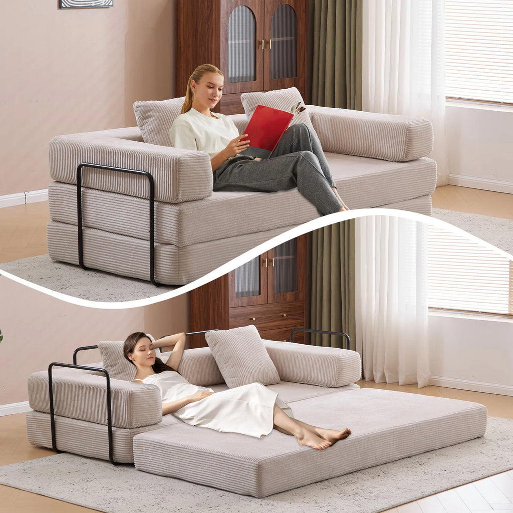 Taicans Convertible Floor Sofa Bed - 3 Seats Foldable Corduroy Futon Couch w/Pillow Support,Space-Saving Guest Bed for Living Room,Dorm,No Assembly Compressible Foam Mattress (Gray,76.7Inch L)