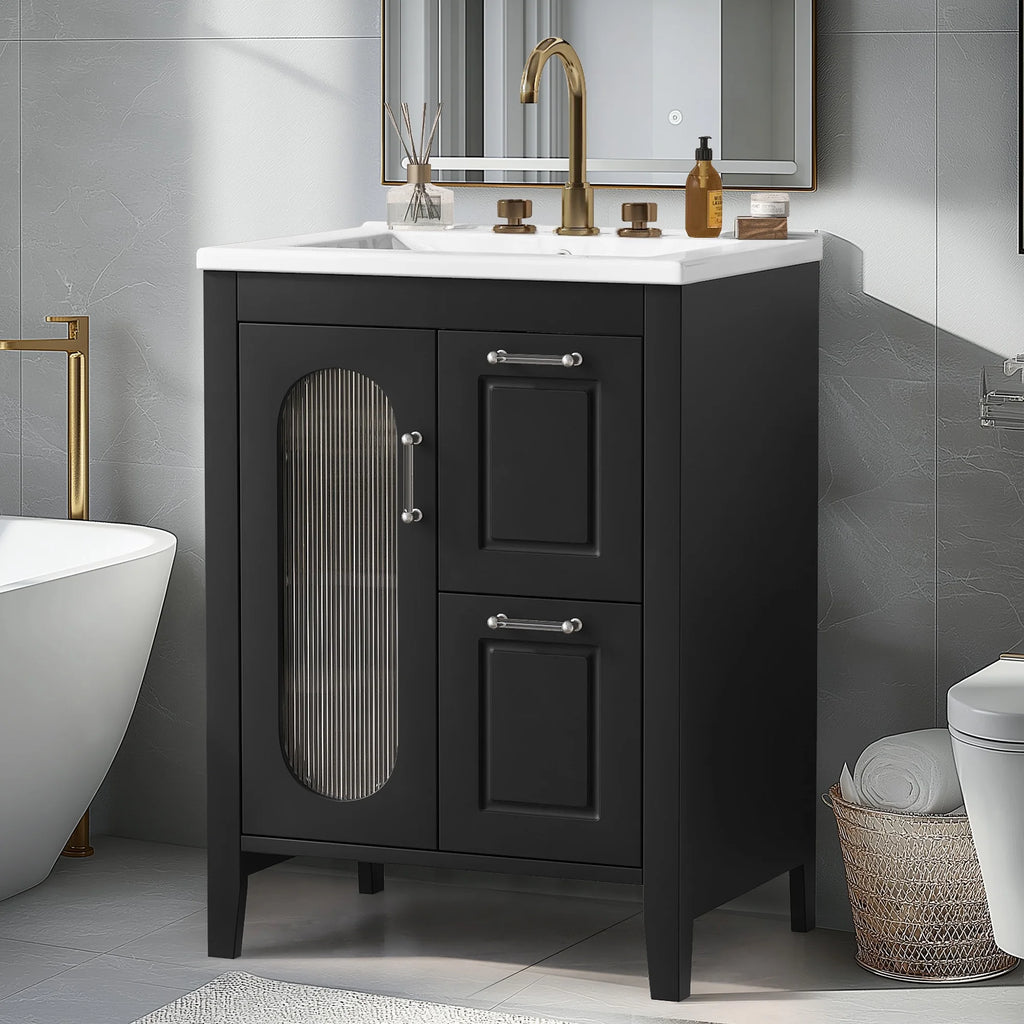 Soges 24" Bathroom Vanity with Ceramic Sink, Solid Wood Bathroom Makeup Cabinet with Door, Adjustable Shelf and 2 Drawer, Free Standing Single Basin Vanity Set for Small Bathroom, White