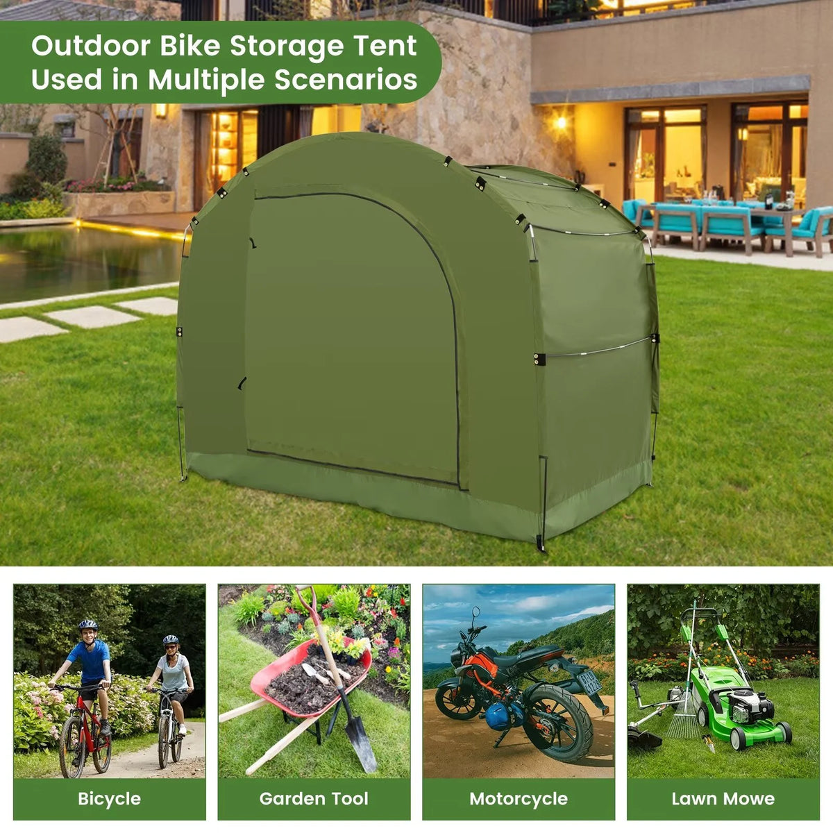 NAIZEA Large Bike Storage Tent, 47" Depth Storage for 6 Bikes Waterproof Outdoor Bicycle Cover, Lawn Mower Garden Tools Shed, Backyard Storage Room Tent Shelter W/Fixing Peg & Rop