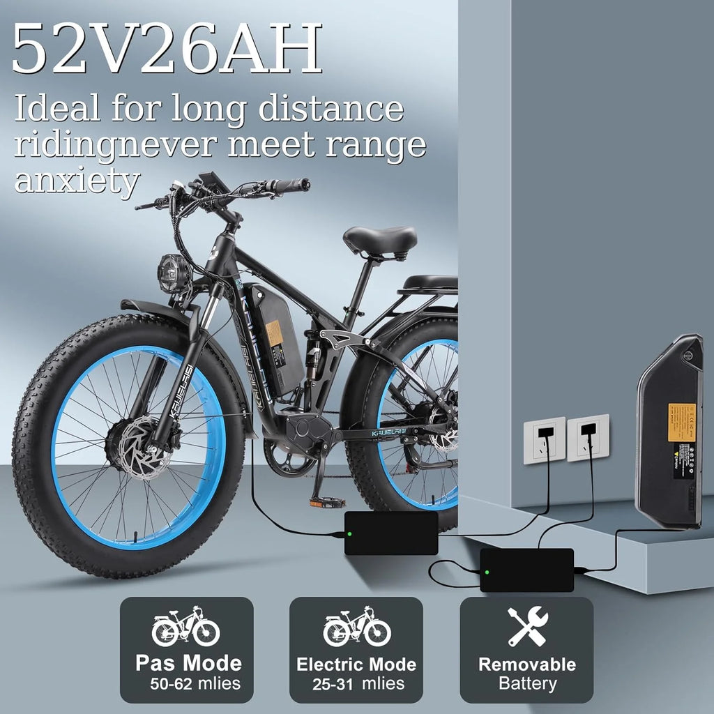 KAIJIELAISI Electric Bike for Adults,AWD Ebikes Dual Motor Peak 6000W, 26'' Fat Tire bikes with 52V 26AH Battery Hydraulic Brake Electric Bicycle, 7 Speed Mountain EBike UL 2849.