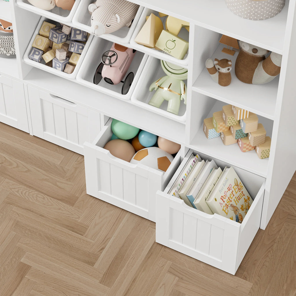 Hiphuta Large 4 Tier Kids Bookcase, Wood Toy Organizer of 6 Boxes & 4 Removable Drawers, Bookshelf for Kids Room, White