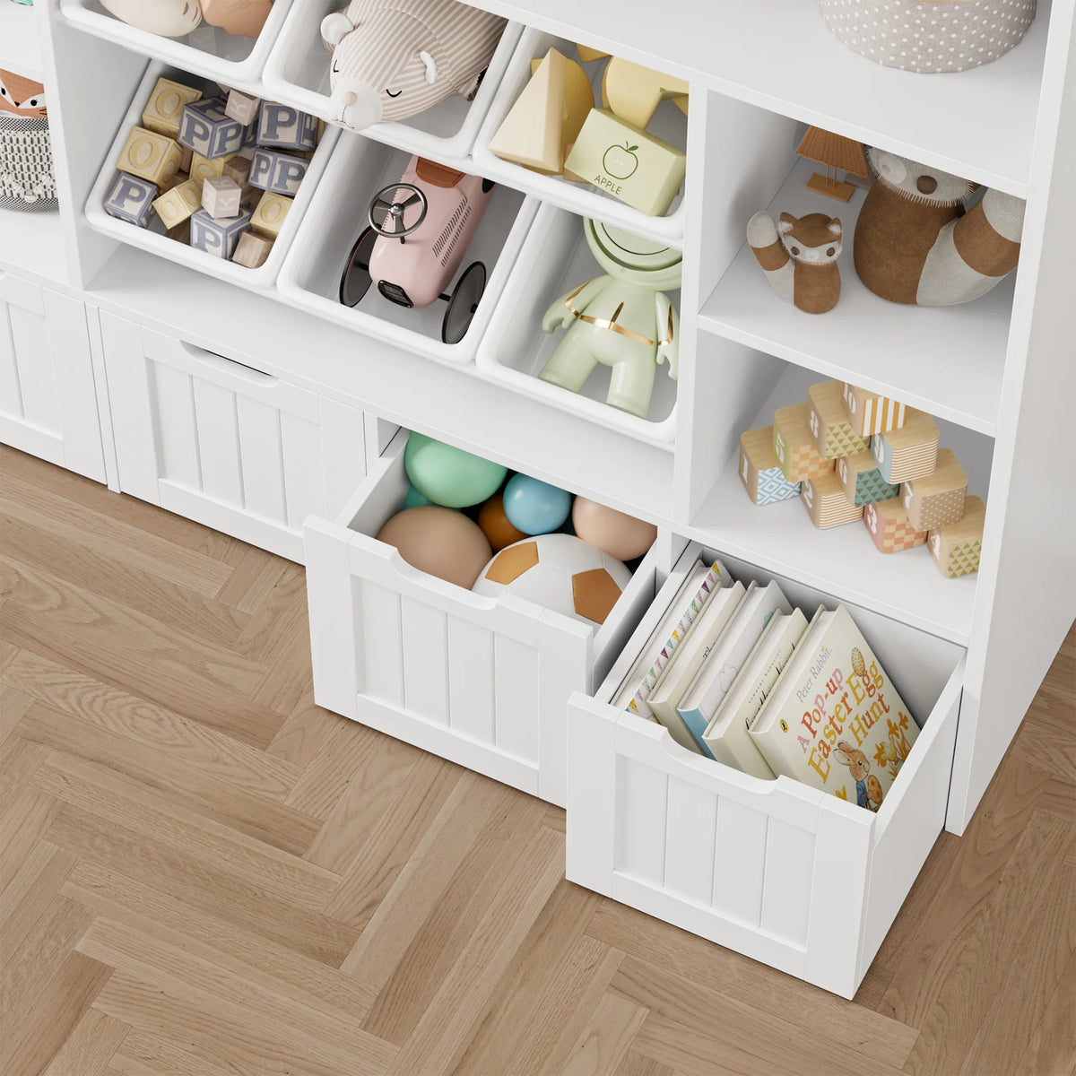 Hiphuta Large 4 Tier Kids Bookcase, Wood Toy Organizer of 6 Boxes & 4 Removable Drawers, Bookshelf for Kids Room, White