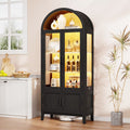 BROTTAR 71" Tall Arched Display Cabinet with Glass Doors, Kitchen Pantry with 3 Color LED Lights & Human Body Sensor, 5-Tier Bookcase for Living Room, Dining Room, Black