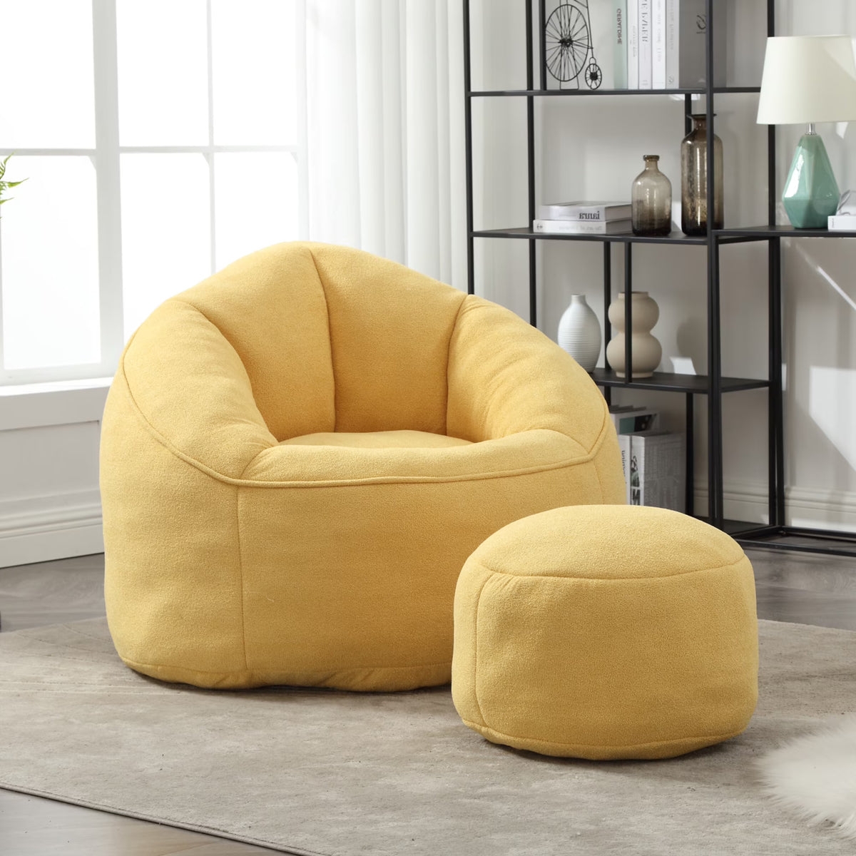 MOONMISS Microfiber Upholstered High Pressure Foam Round Lazy Bean Bag Sofa Chair with Ottoman-Gray