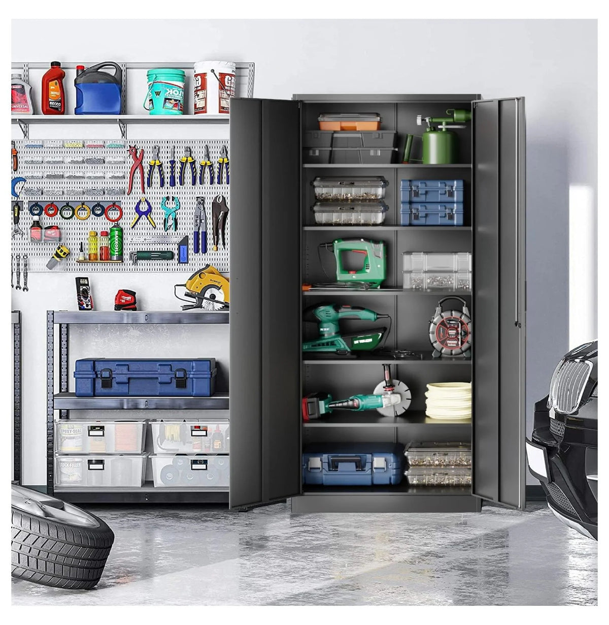 Metal Storage Cabinet with 5 Adjustable Shelves,Garage Storage Cabinet with Lock,Black Metal Cabinet with Locking Doors,Steel Cabinet,71" Lockable Storage Cabinet for Home,Office,Garage Cabinets
