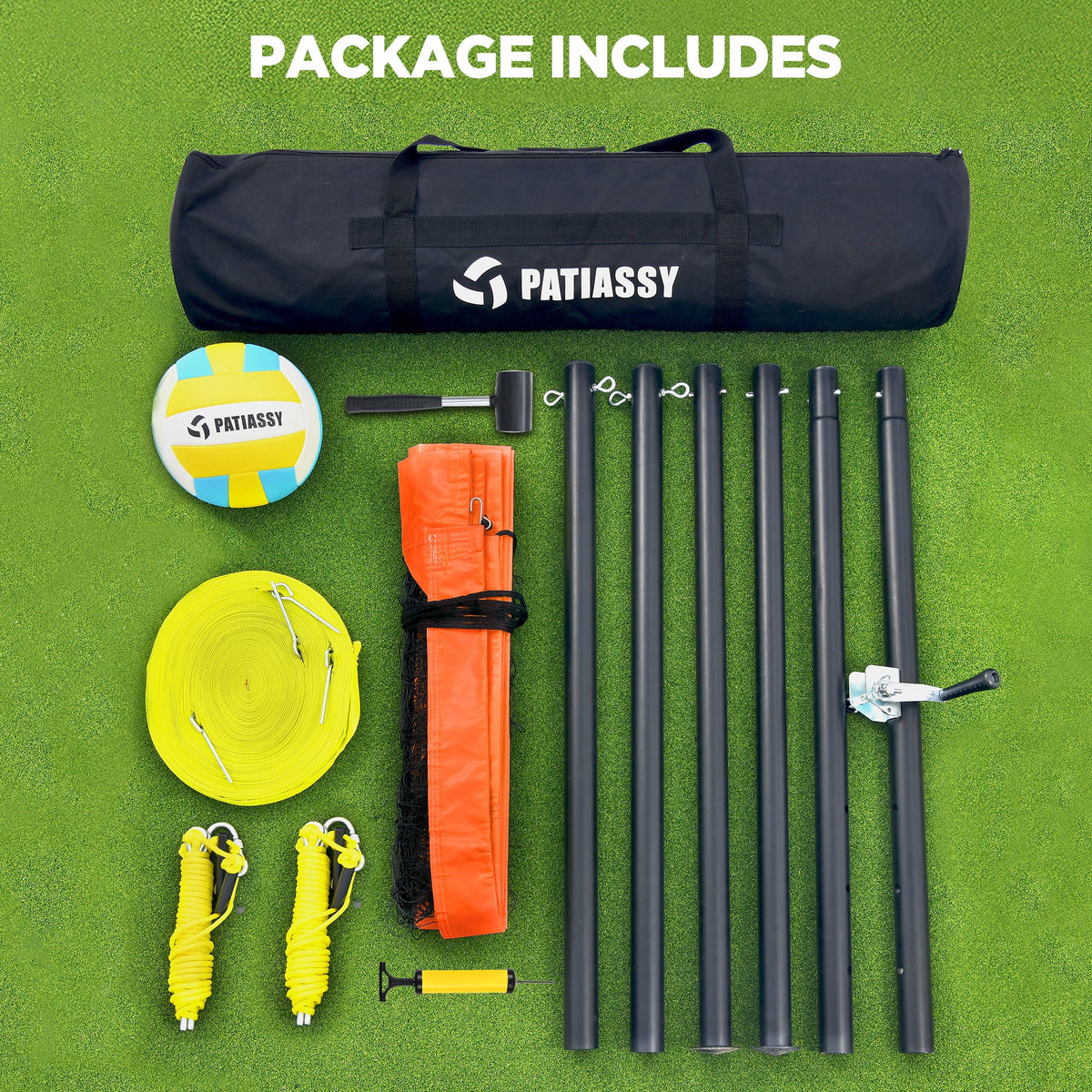Patiassy Portable Professional Outdoor Volleyball Net Set for Backyard Beach with Adjustable Height Aluminum Poles, Winch System, Volleyball with Pump