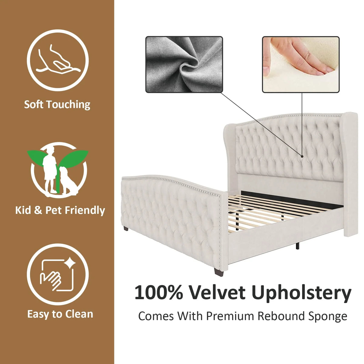 VANACC Queen Size Bed Frame, Velvet Upholstered Bed with Deep Button Tufted Wingback Headboard Grey