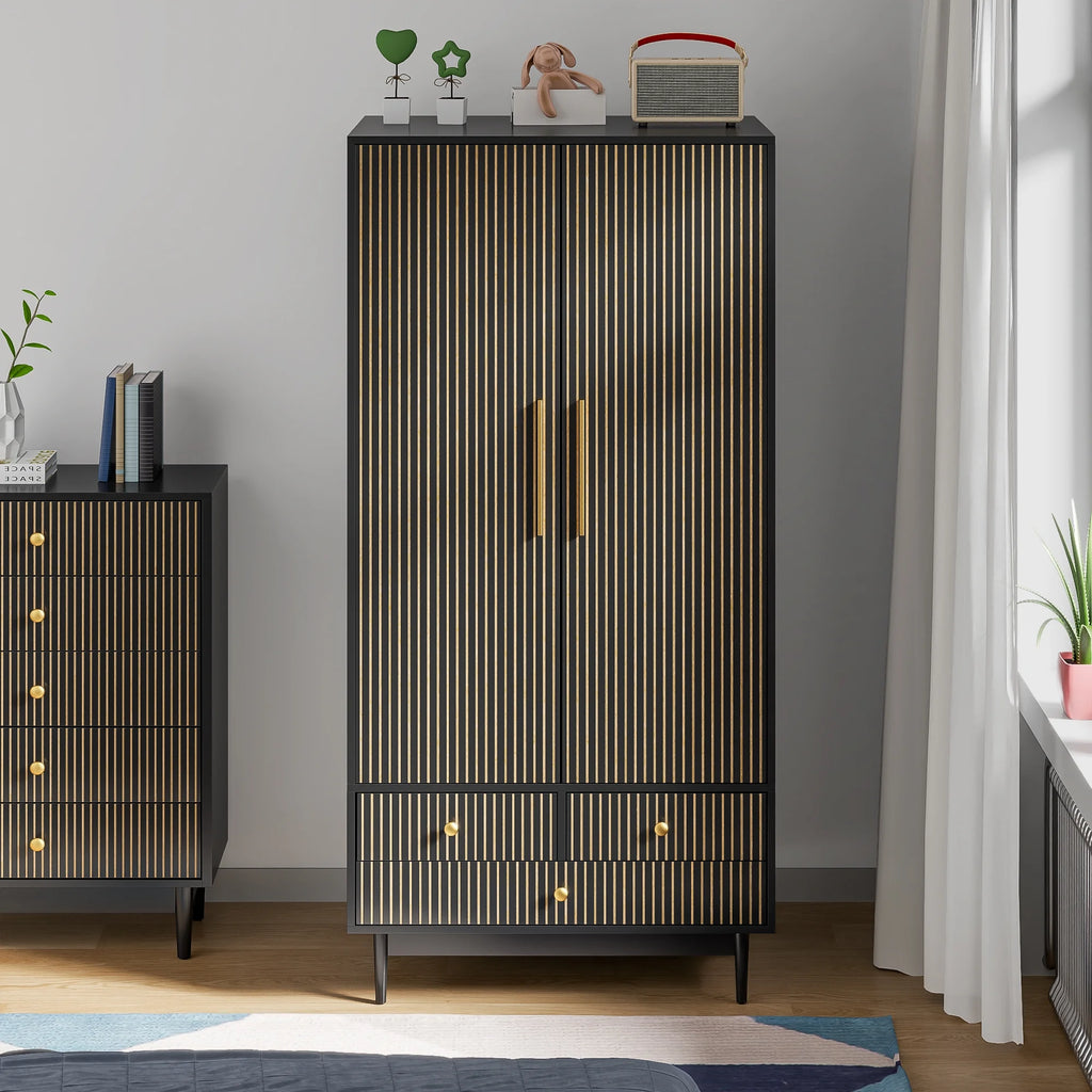 Oubayajia Wardrobe Armoire Closet, 2 Fluted Doors Wardrobe Cabinet with 3-Drawer and Hanging Rod, Wood Wardrobe Storage for Bedroom