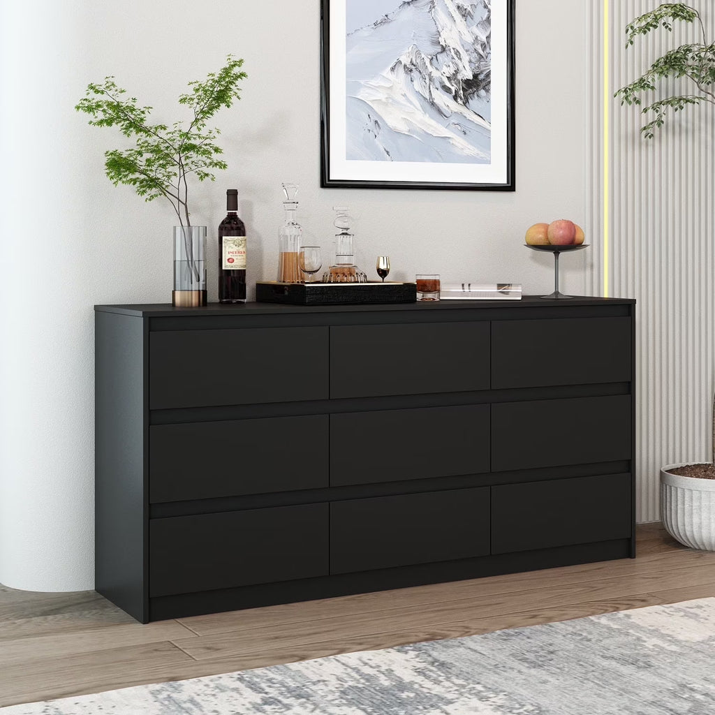 KULAGAGA 9 Drawer Dresser Chest of Drawers, 63 Wide Dressers, Modern Wood Drawer Chest Storage Organizer, No Handle Design for Bedroom Living Room Hallway, White