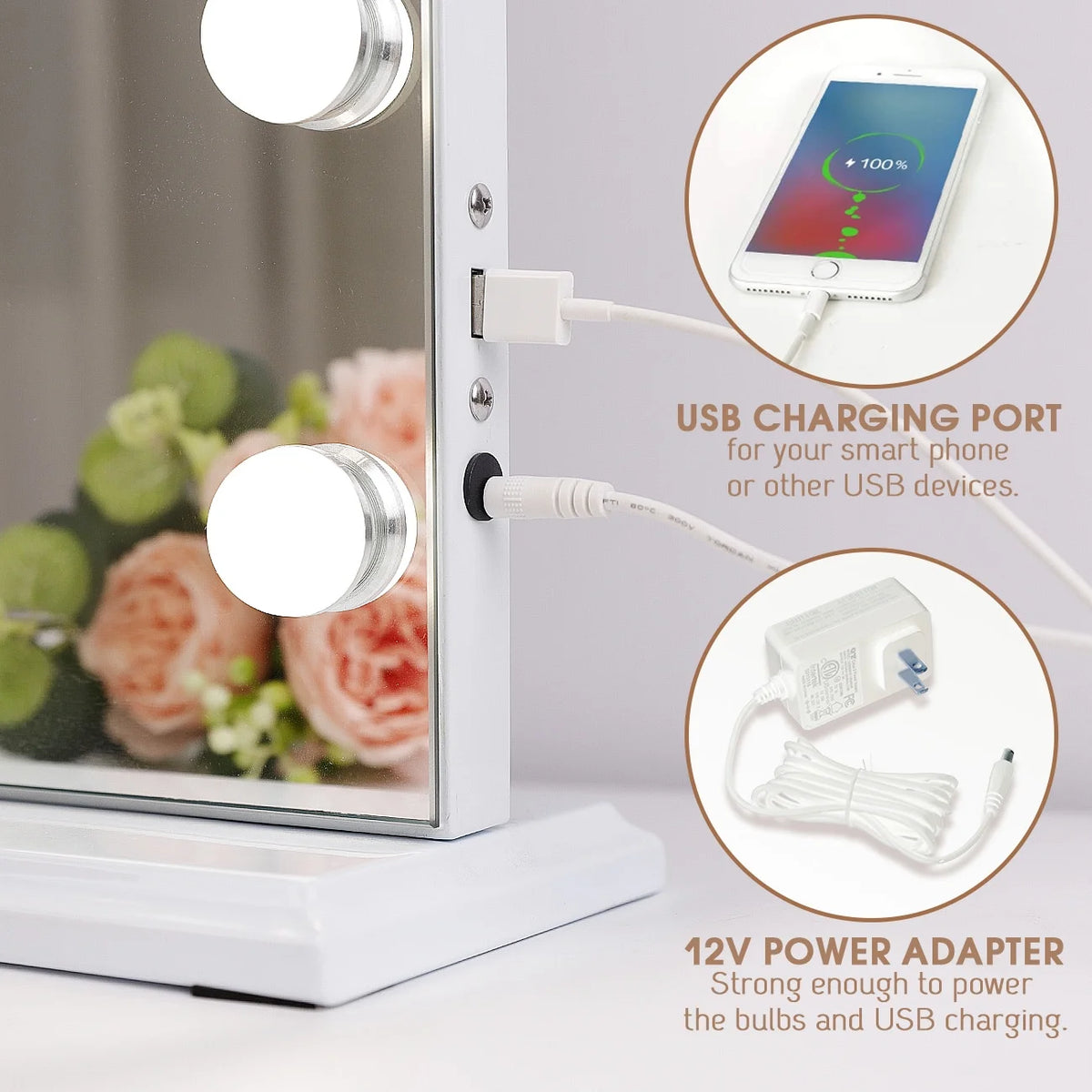 Fenchilin 32"x23" Vanity Mirror with Lights USB Charging Tabletop Wall Mount Metal White