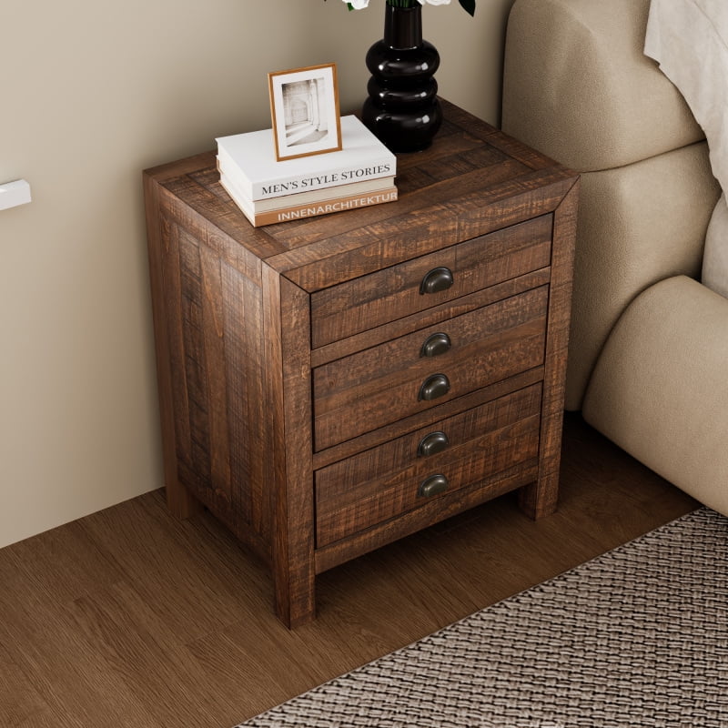 Rustic Farmhouse Style Three-Drawer Solid Pine Wood Nightstand  Set of 2,with Cup Pulls and Integrated Charge Station