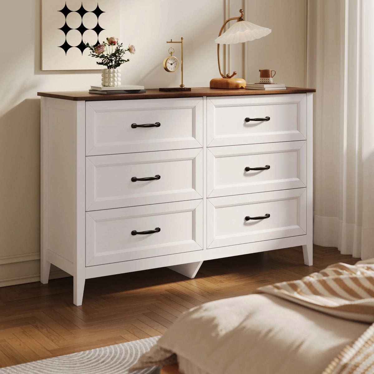 White Dresser, Lofka 6 Drawer Dresser for Bedroom, Chests of Drawers for Living Room, White Brown
