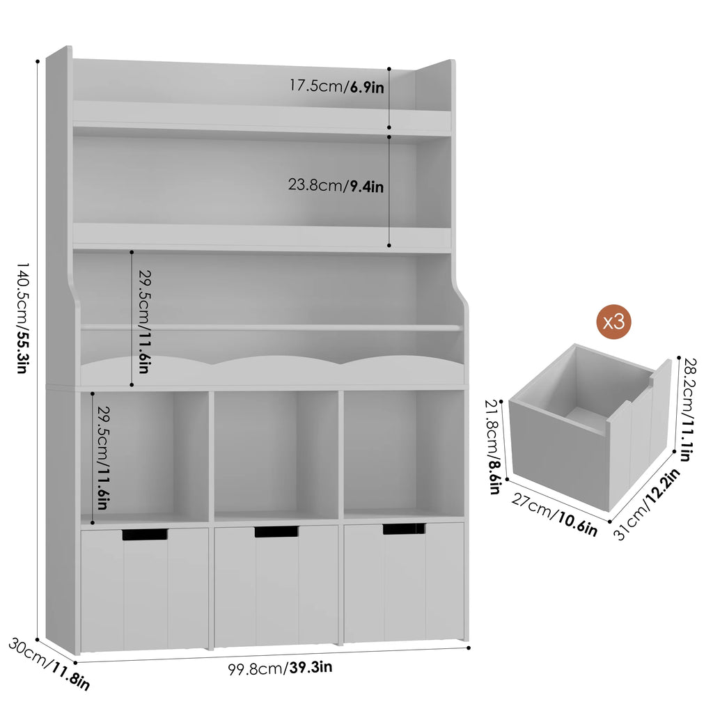 Homfa 55.5 H Kids Bookshelf with 2-Tier Book Shelves, Children Toy Organizer with 3 Cubes and Removable Drawers, White