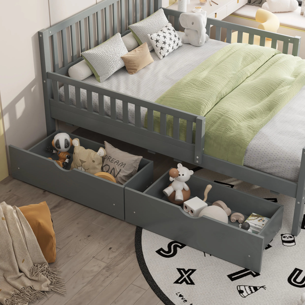 Bellemave Twin Bed with Storage Drawers and Fence Rails, Wood Platform Beds Frame with Headboard, Twin Size Storage Bed for Kids Boys Girls Teens White)