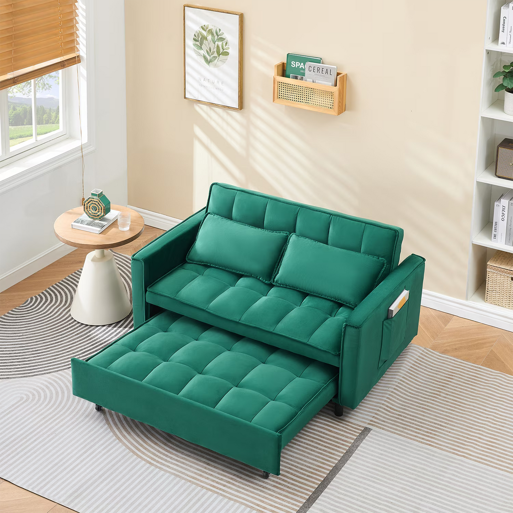Adjustable Back Velvet Futon Sofa Bed, Modern Convertible Couples Sleeper with Side Pockets, Fold Down Couch for Living Room, Apartment,Blue