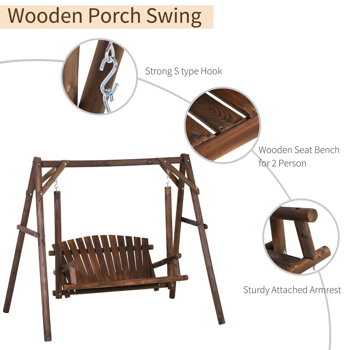 Outsunny Wooden Swing Bench, Garden Swing Chair, Brown