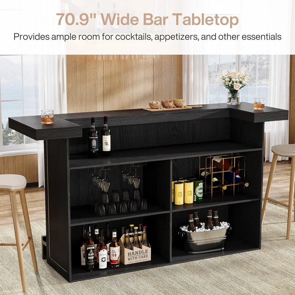 4-Tier Bar Table, 70.9-Inch Large Modern Home Bar Cabinet with Wine Glass Holder and Black Footrest