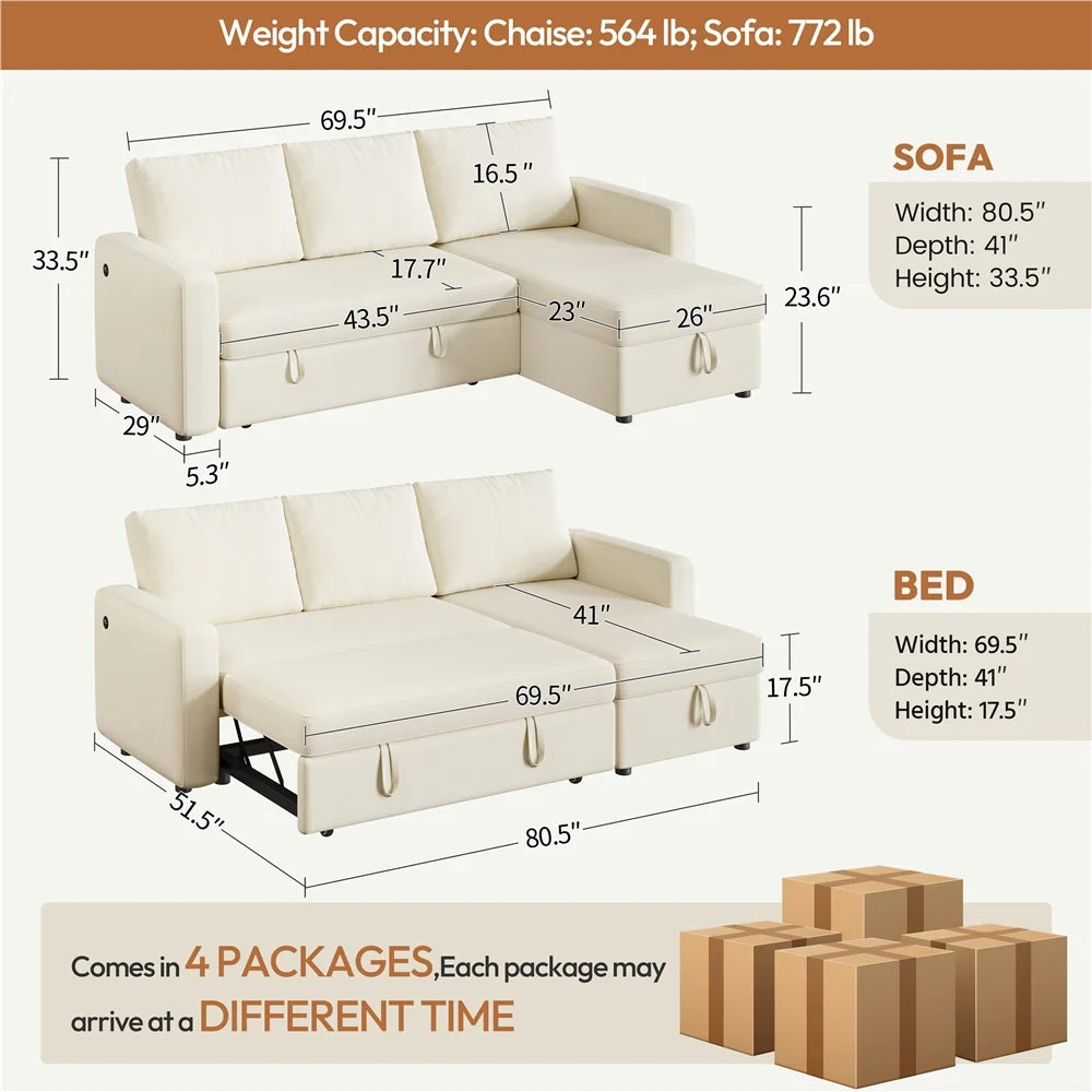 Alden Design Reversible Sectional Sofa with USB & Type-C Ports for Livingroom, Light Gray