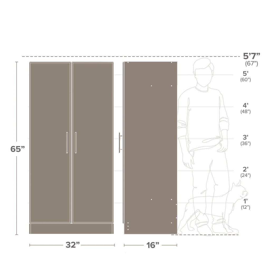 Prepac Adjustable Shelves Cabinet - Functional Tall Garage Table, 16"D x 32"W x 65"H Freestanding Garage Cabinet with 2-Doors, Light Gray - GES-3264