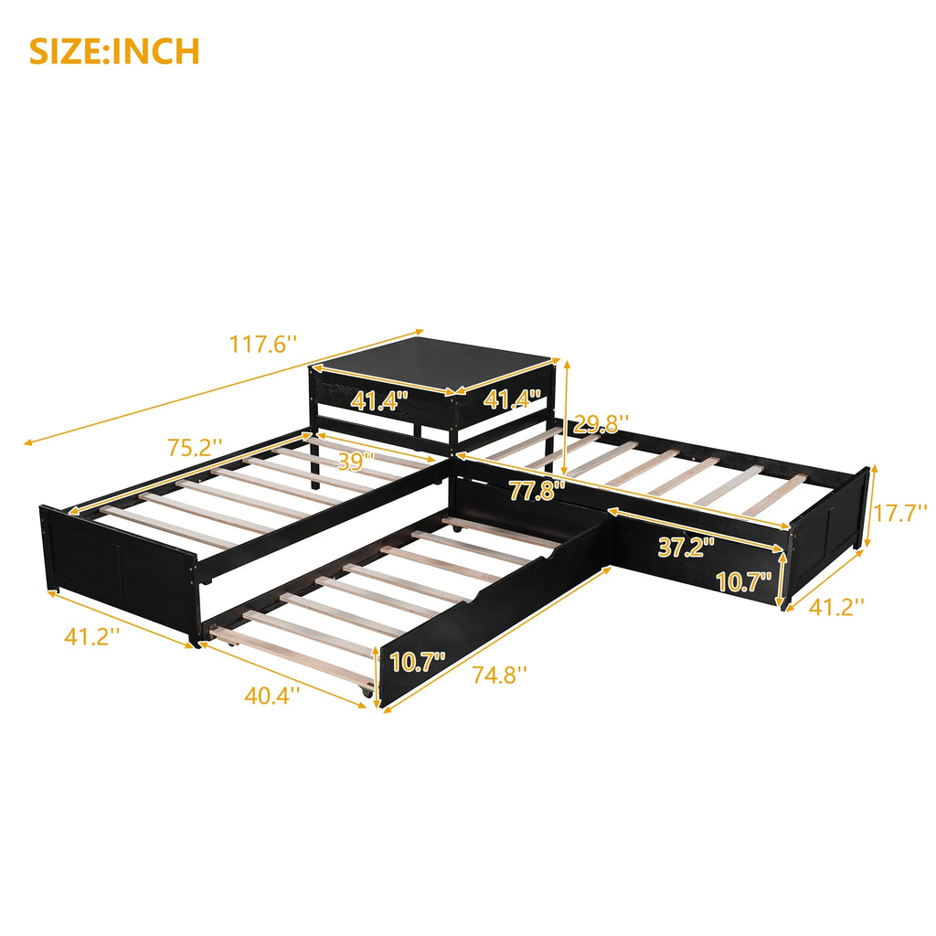 Euroco Wood Twin Size L-Shaped Platform Bed with Square Storage Table for Kids Teens, 2 Platform Beds with Trundle and Drawers for Living Room, 3 Twin Beds, Gray