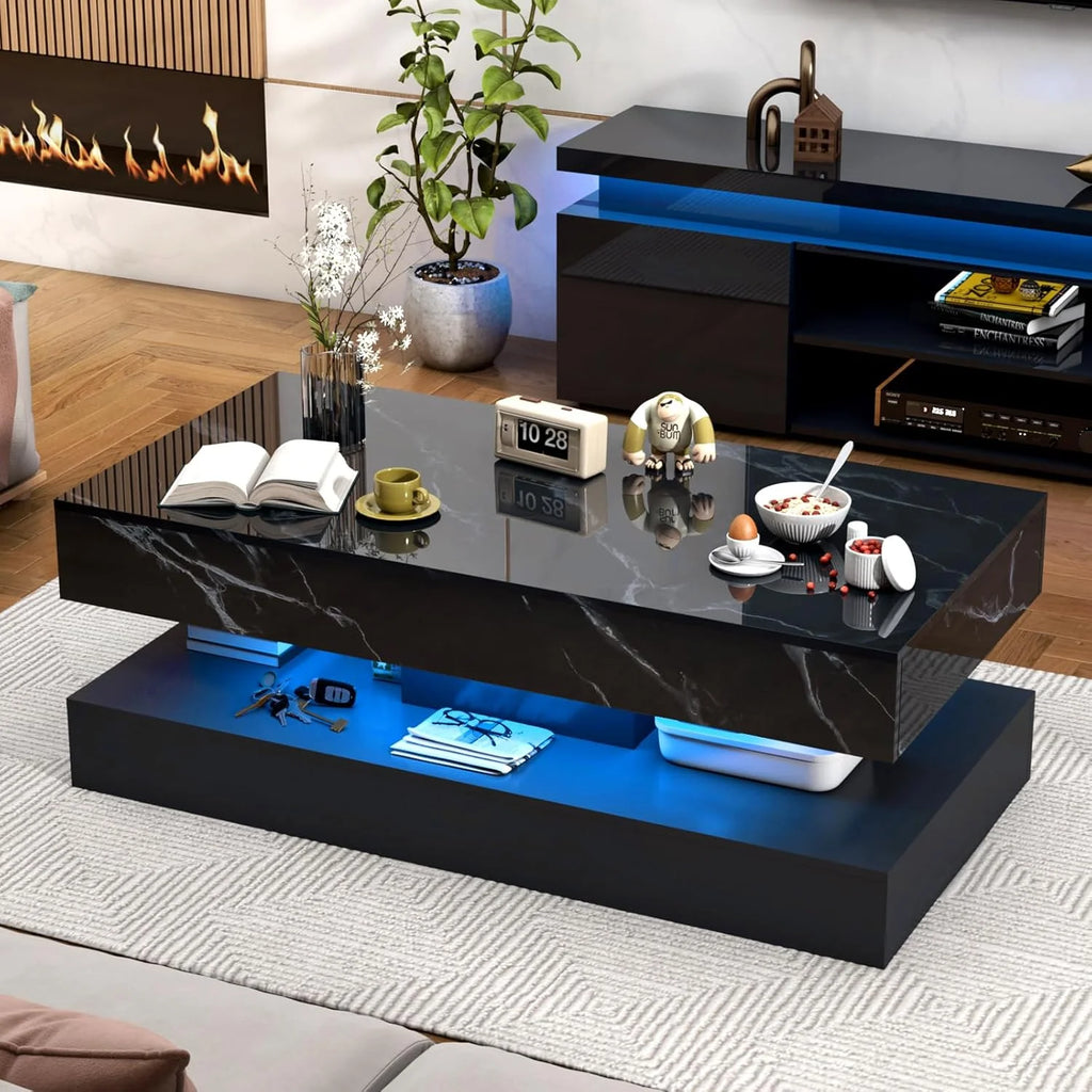ChVans Large Black LED Coffee Table with 2 Storage Drawers, Modern High Gloss Coffee Table w/20 Colors LED Lights/APP Control, 2 Tiers Rectangle Large Living Room Furniture w/Marbling Print(47.3")