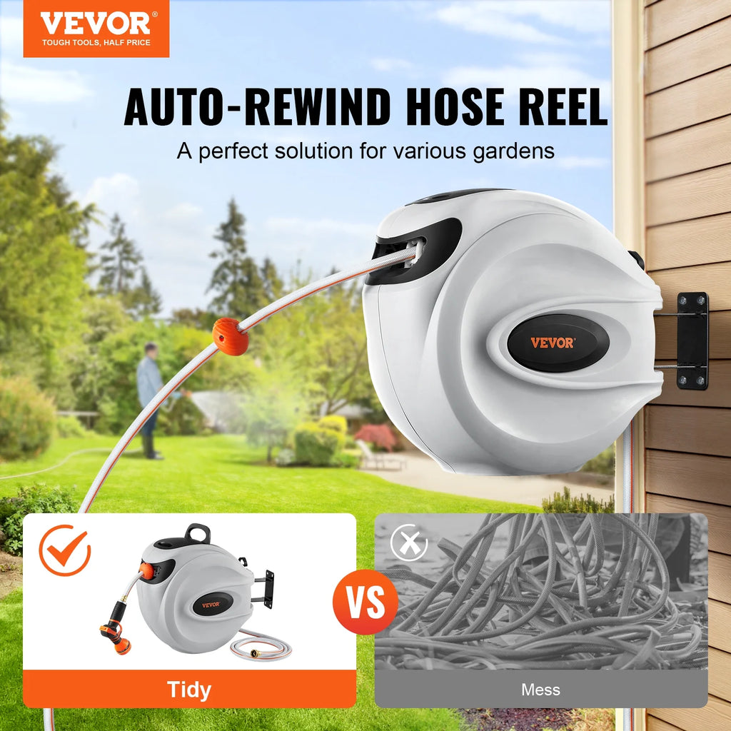VEVOR Retractable Hose Reel, 84 ft x 5/8 inch, 180 Swivel Bracket Wall-Mounted, Garden Water Hose Reel with 9-Pattern Nozzle, Automatic Rewind, Lock at Any Length, and Slow Return System