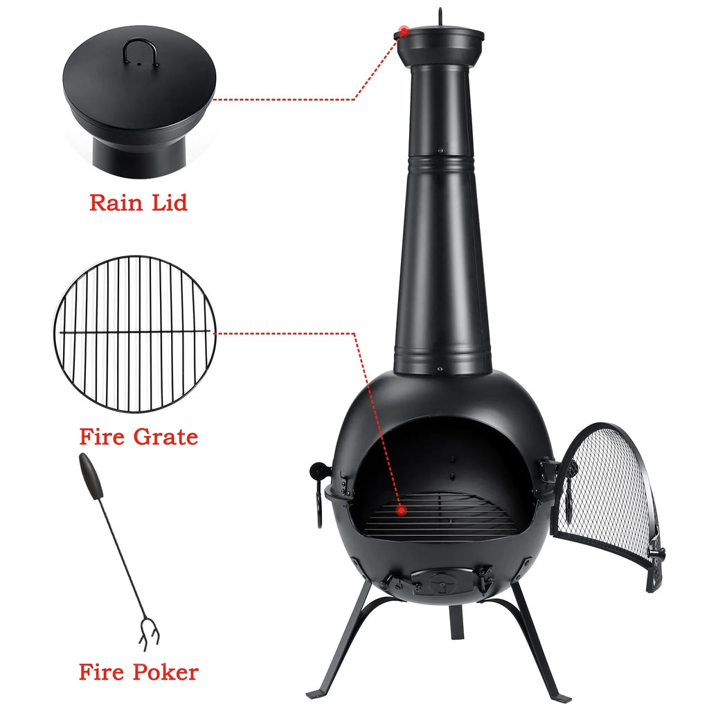 54.5in Fire Pit Chiminea Outdoor Fireplace Cast Iron Fireplace for Outside Garden Treasures Cast Iron Wood Burning Firepit Outdoor Heating with Log Grate, Poker and Cover