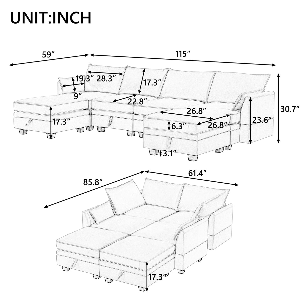 Euroco Large U-Shaped Sectional Sofa 6 Seat Convertible Sofa with Storage Seat, Modular Sofa with 2 Stools, Green