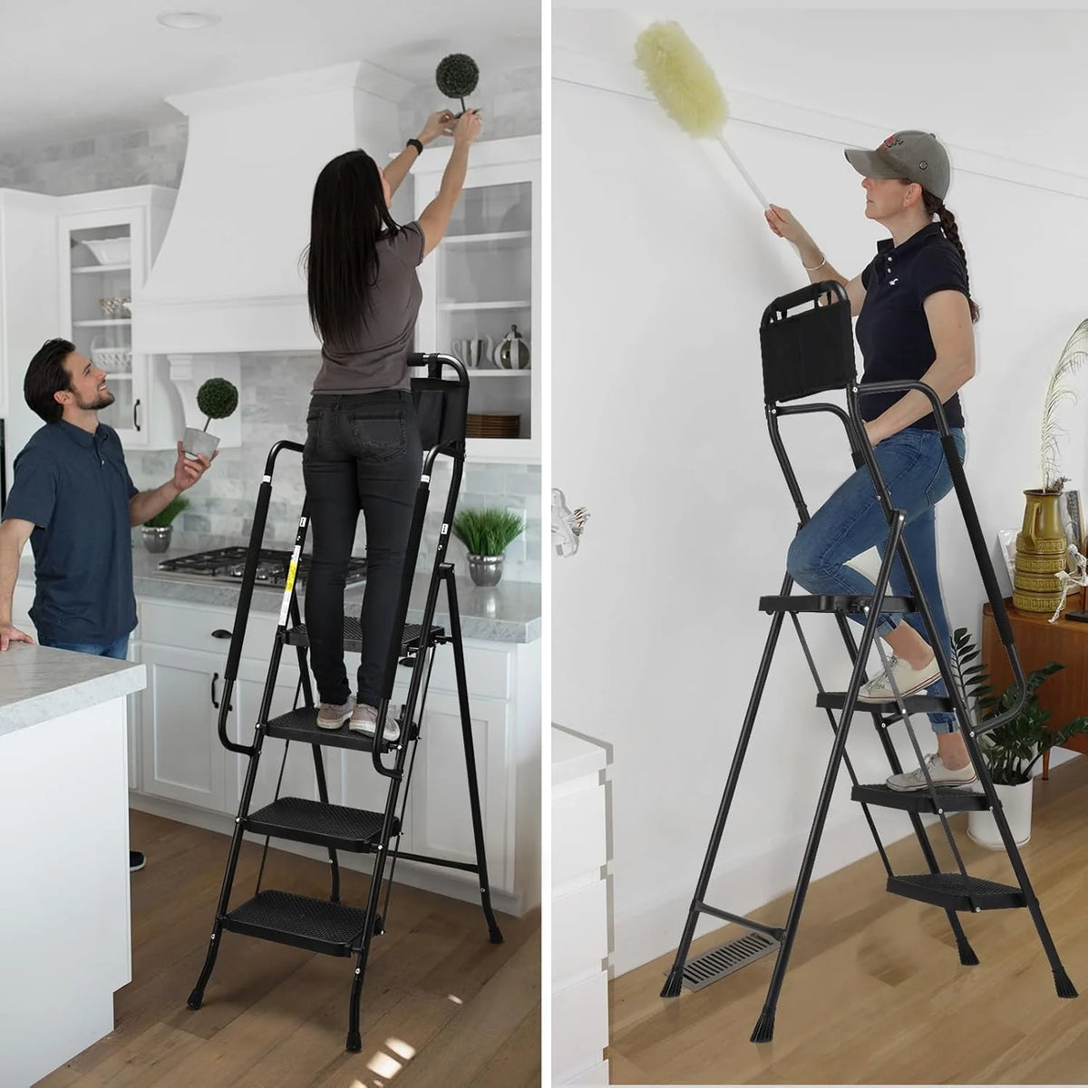 HBTower 4 Step Ladder with Handrails and Tool Bag, Folding Step Stool with Attachable  Anti-Slip Wide Pedal, Black