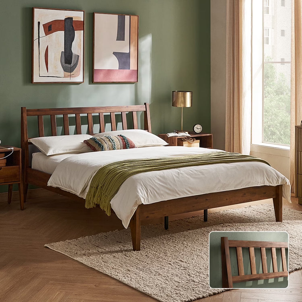 Mopio Ted Queen Bed Frame with Headboard, Full Size Bed Frame, Mid Century Modern Acacia Solid Wood Platform Bed Frame, Wooden Bed Slats, No Box Spring Needed, Double Metal Bar Support, Walnut