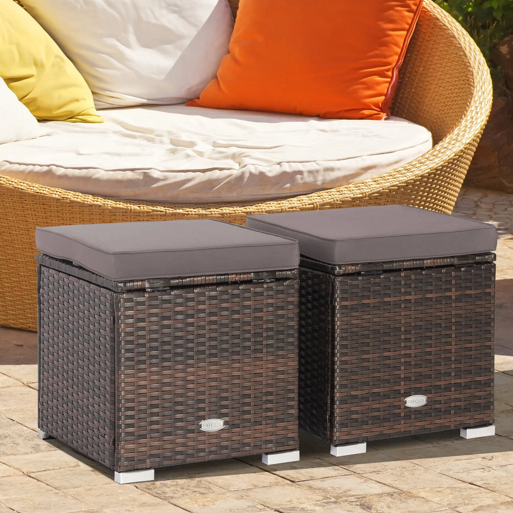 Costway 2PC Patio Rattan Ottoman Seat Side Table Storage Box Footrest Off White