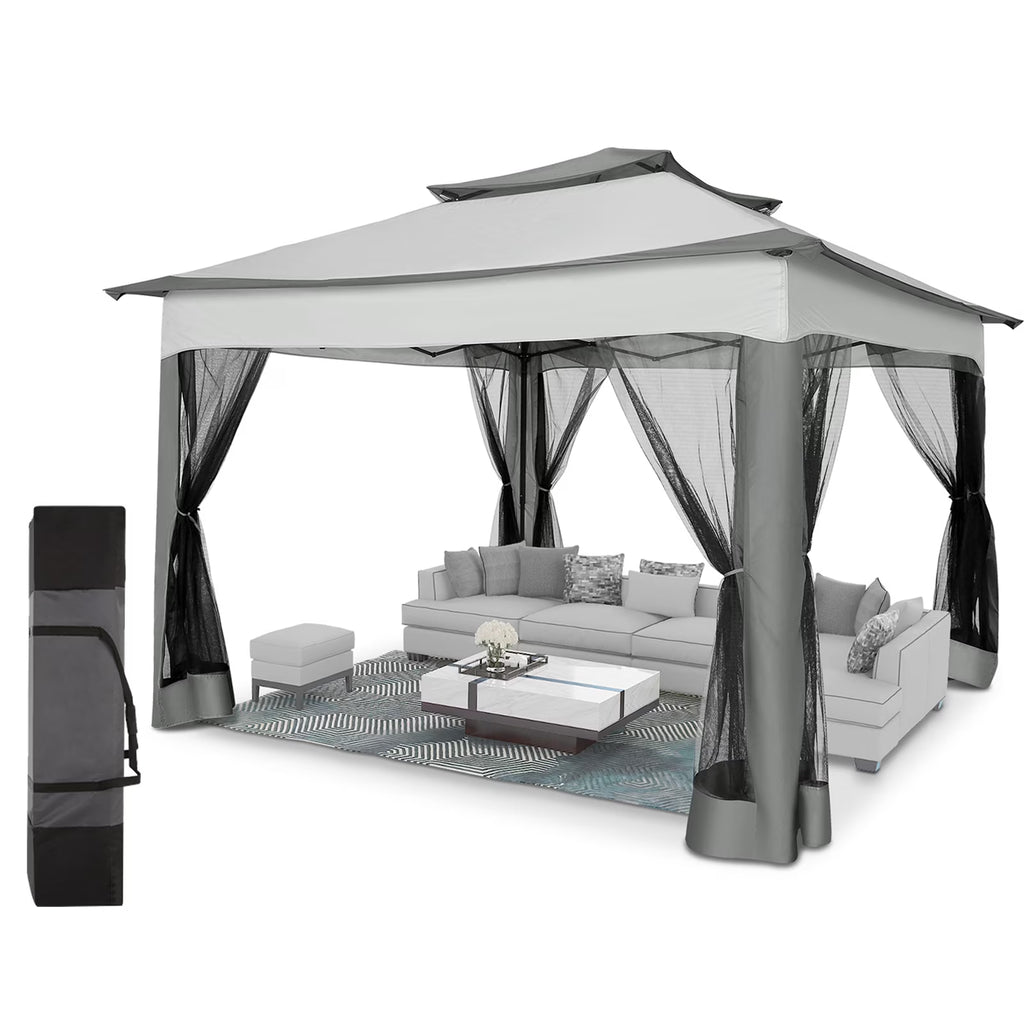 HOTEEL 11x11 Outdoor Waterproof Gazebo, Pop up Canopy Gazebo with Mosquito Netting & UV Protection for Parties, Camping, Weddings, and Backyard Events, Gray