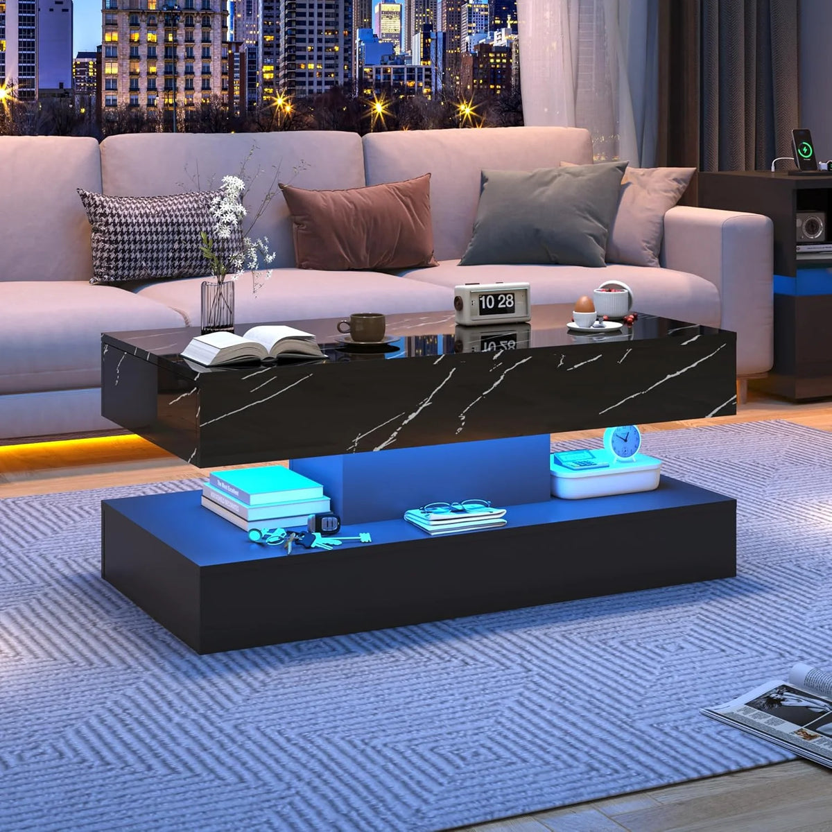 ChVans Large Black LED Coffee Table with 2 Storage Drawers, Modern High Gloss Coffee Table w/20 Colors LED Lights/APP Control, 2 Tiers Rectangle Large Living Room Furniture w/Marbling Print(47.3")