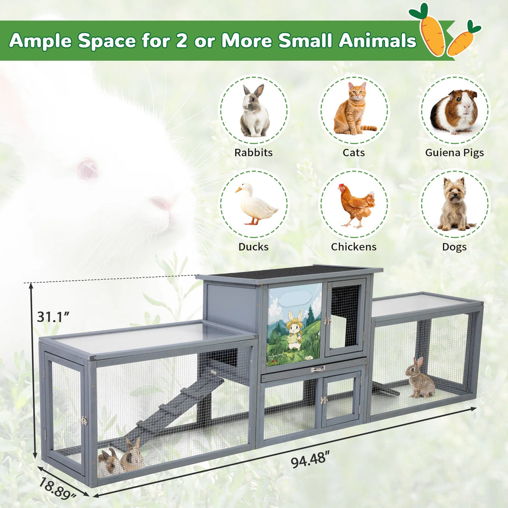 COZIWOW 94'' Wooden Large Rabbit Hutch with Pull Guinea Pig House Chincken Coop Gray