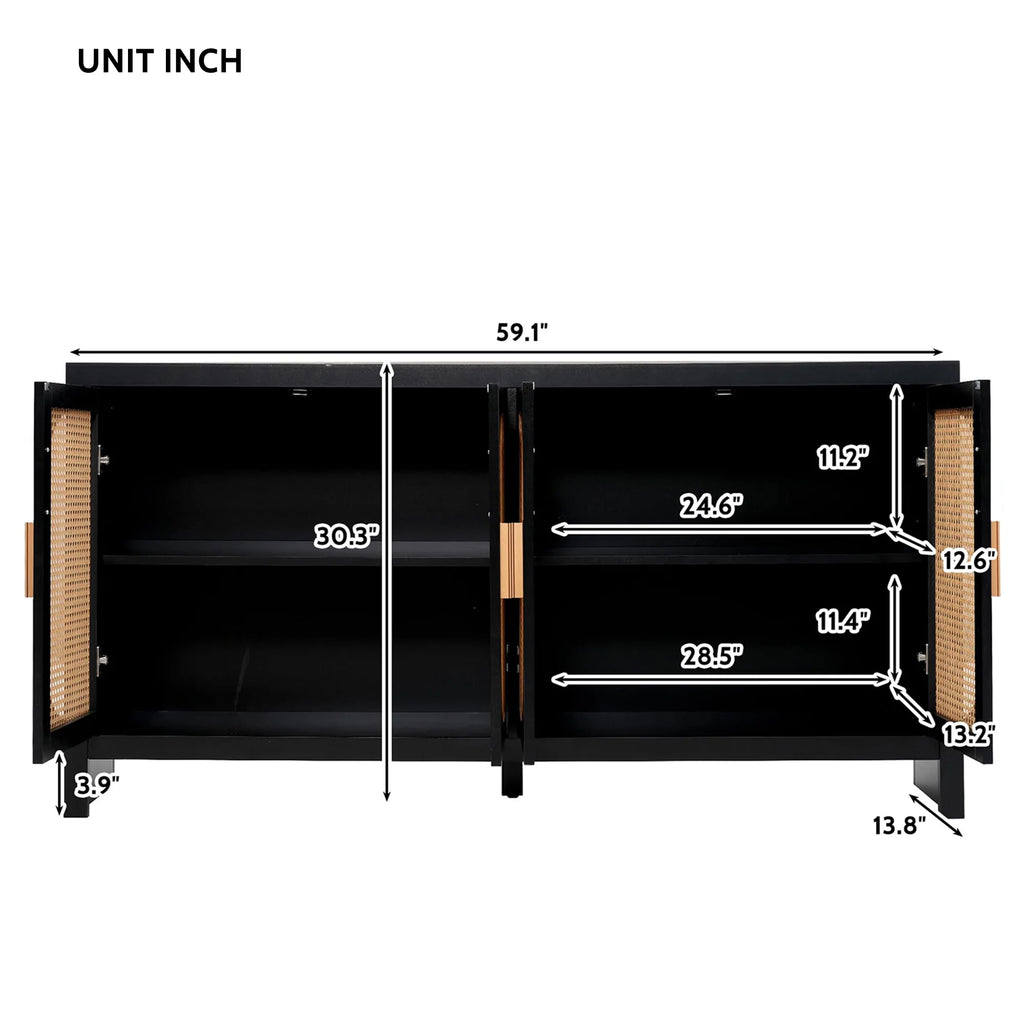 Modern Rattan Sideboard Buffet Cabinet, Kitchen Storage Cabinet, Living Room TV Stand for TVs up to 65", Entertainment Center with Adjustable Shelf, for Dining Living Room Hallway, White
