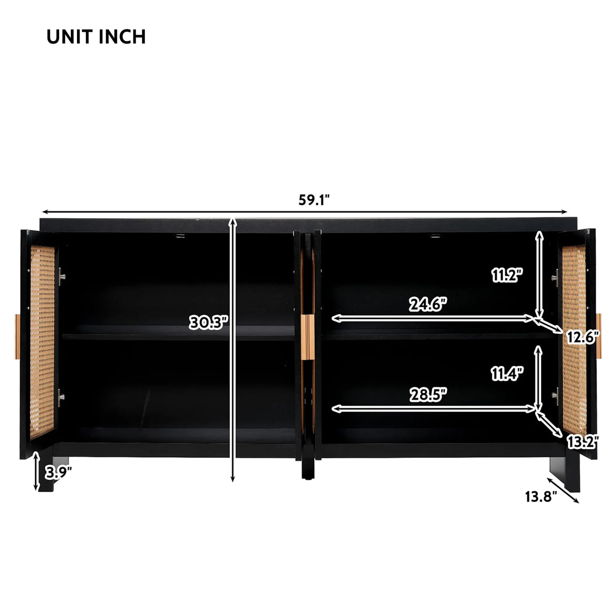 Modern Rattan Sideboard Buffet Cabinet, Kitchen Storage Cabinet, Living Room TV Stand for TVs up to 65", Entertainment Center with Adjustable Shelf, for Dining Living Room Hallway, White